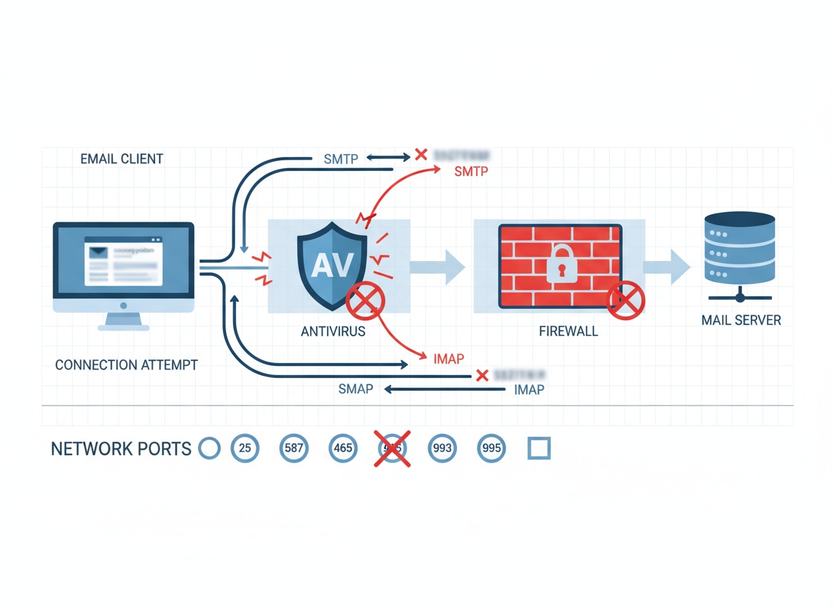 Schéma technique montrant antivirus et firewall bloquant connexions email SMTP IMAP avec ports réseau