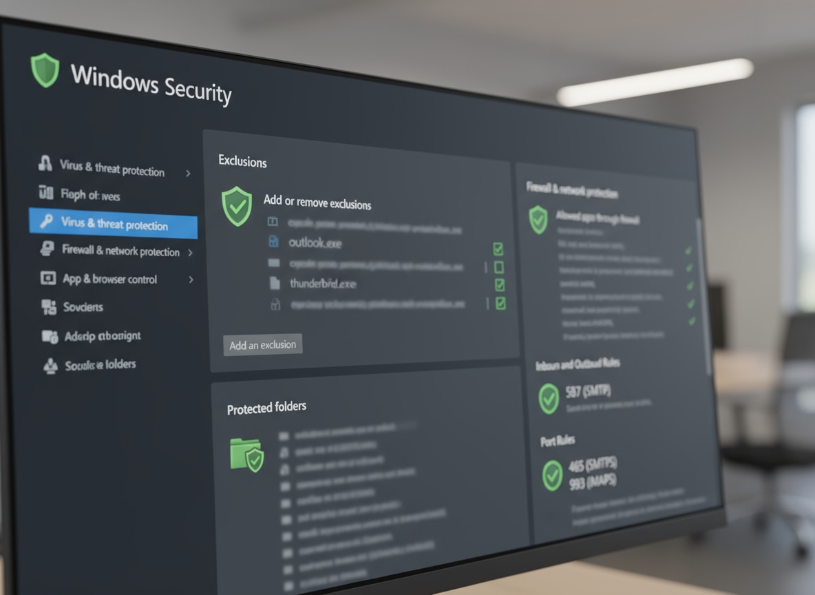 Configuration antivirus Windows Defender avec paramètres exclusion email et ports autorisés SMTP IMAP