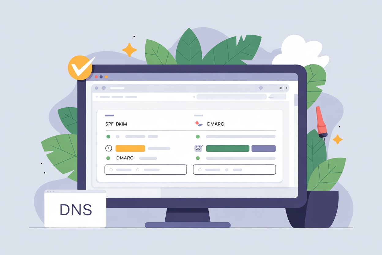 Interface de configuration DNS montrant la mise en place des enregistrements SPF, DKIM et DMARC pour l'authentification email