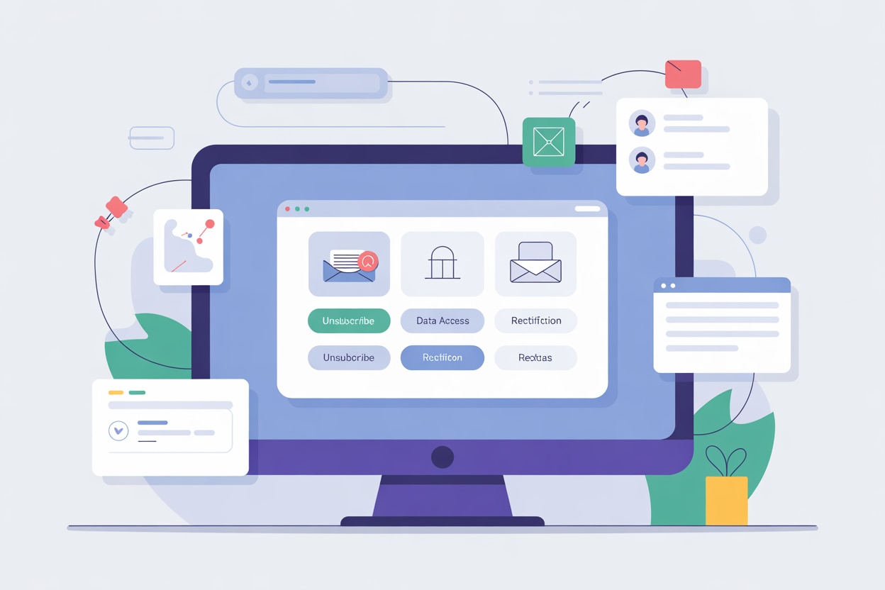 Interface de gestion des droits RGPD pour emails professionnels sur écran d'ordinateur