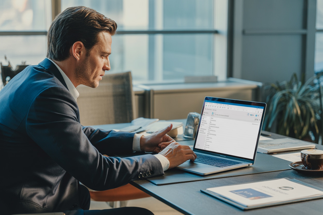 Professionnel utilisant un ordinateur portable pour consulter ses emails dans un bureau moderne