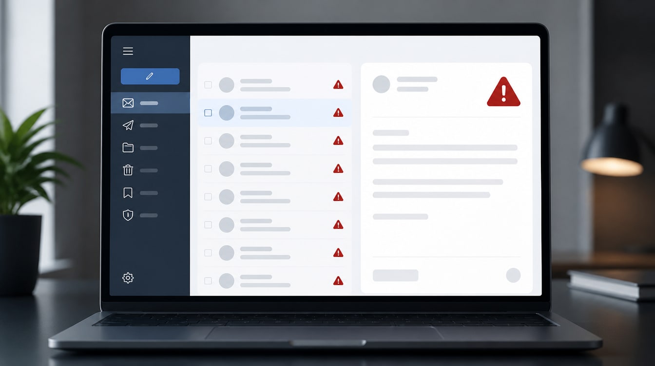 Boîte mail professionnelle avec emails marqués comme spam et alertes de sécurité