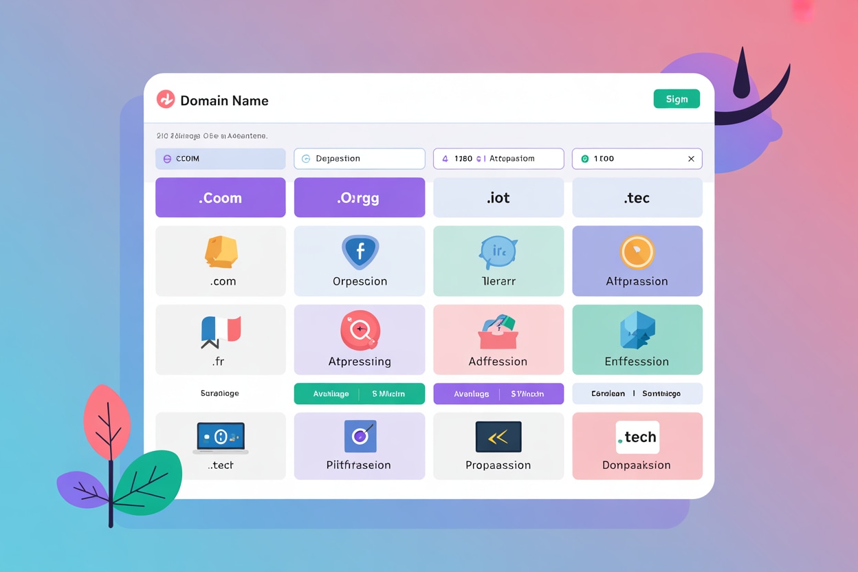Interface de recherche de nom de domaine montrant différentes extensions disponibles avec leurs avantages respectifs