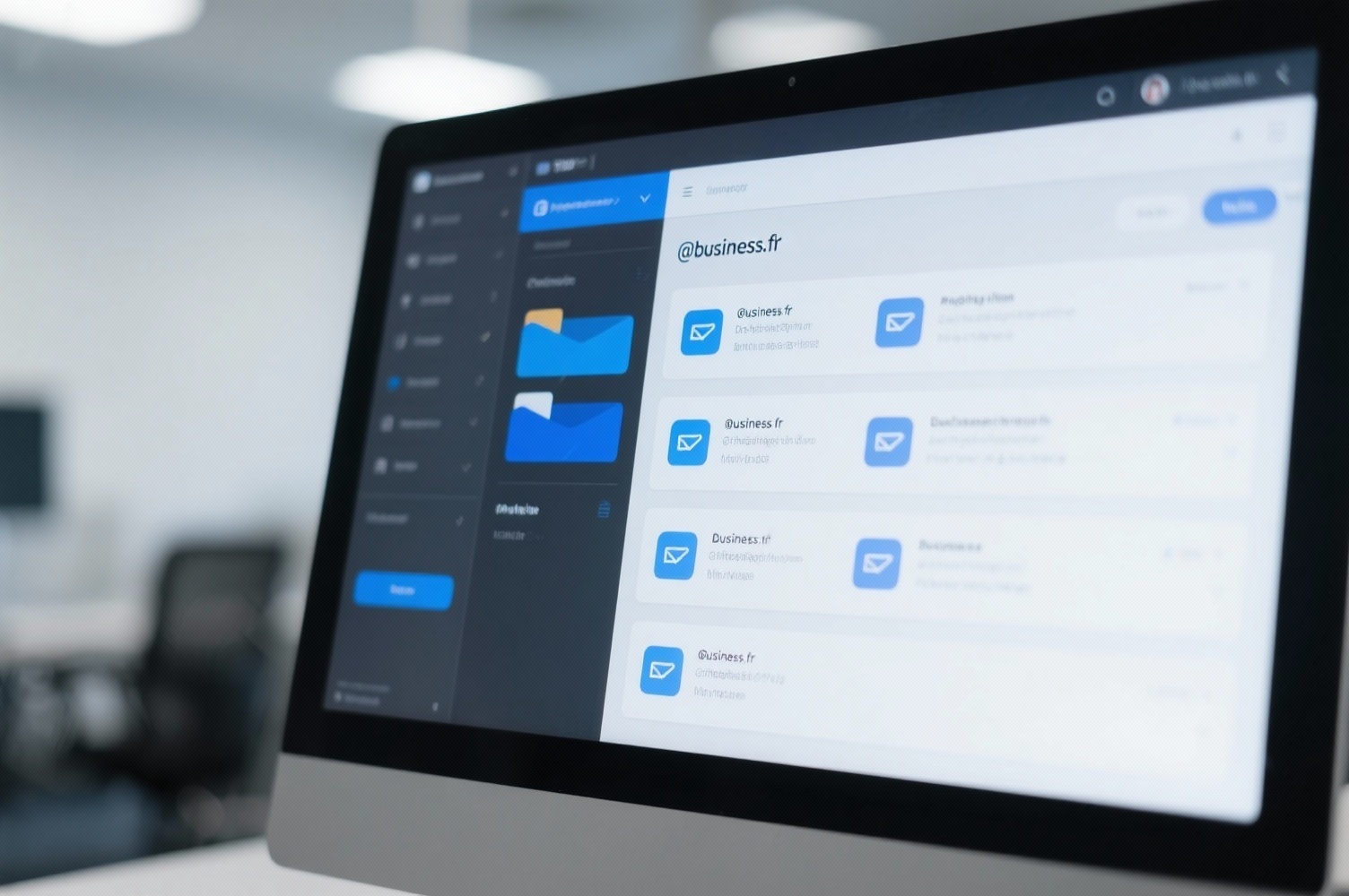 Interface moderne de messagerie professionnelle affichant plusieurs emails avec des adresses personnalisées