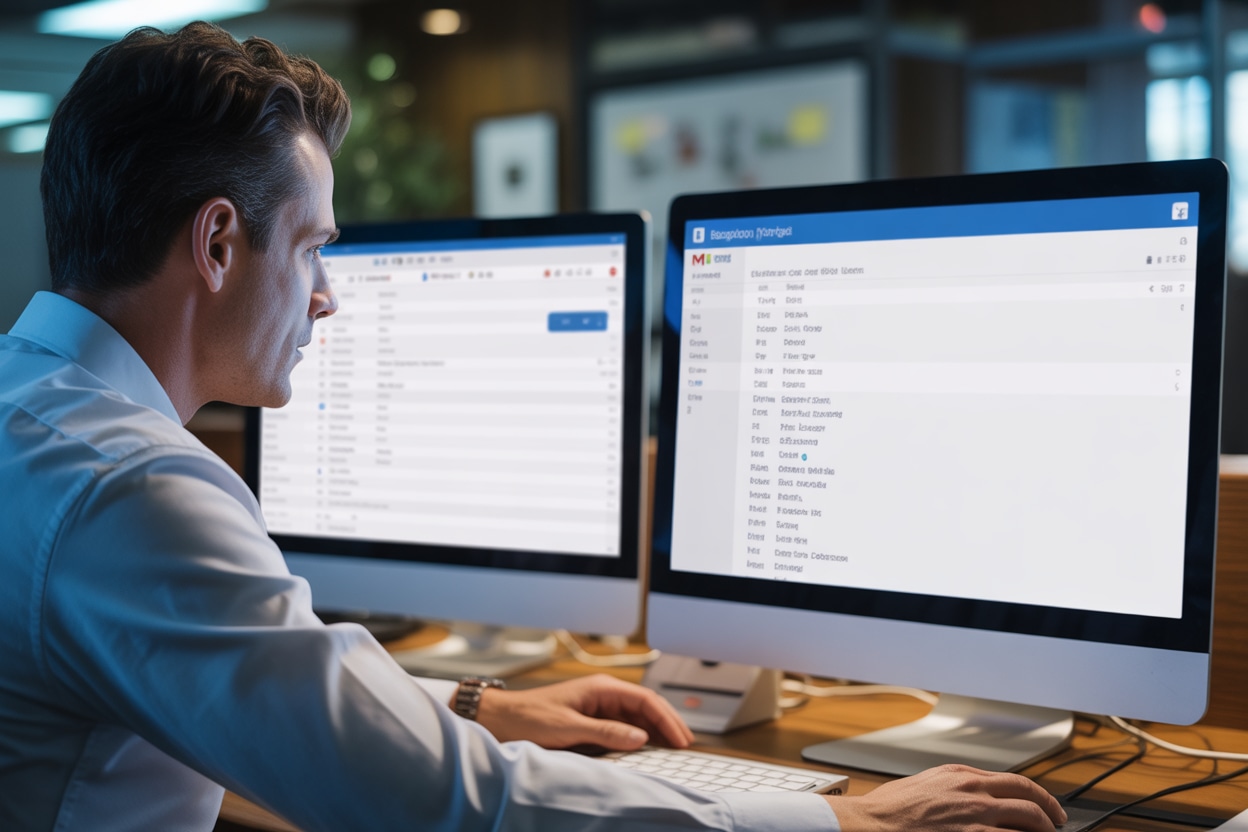 Professionnel comparant une adresse email gratuite et une adresse professionnelle sur deux écrans