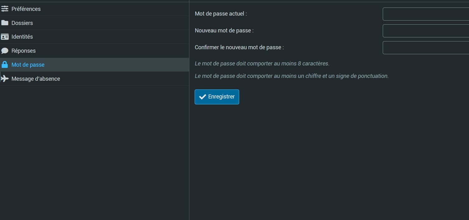 Capture d'écran du processus de modification du mot de passe dans le webmail