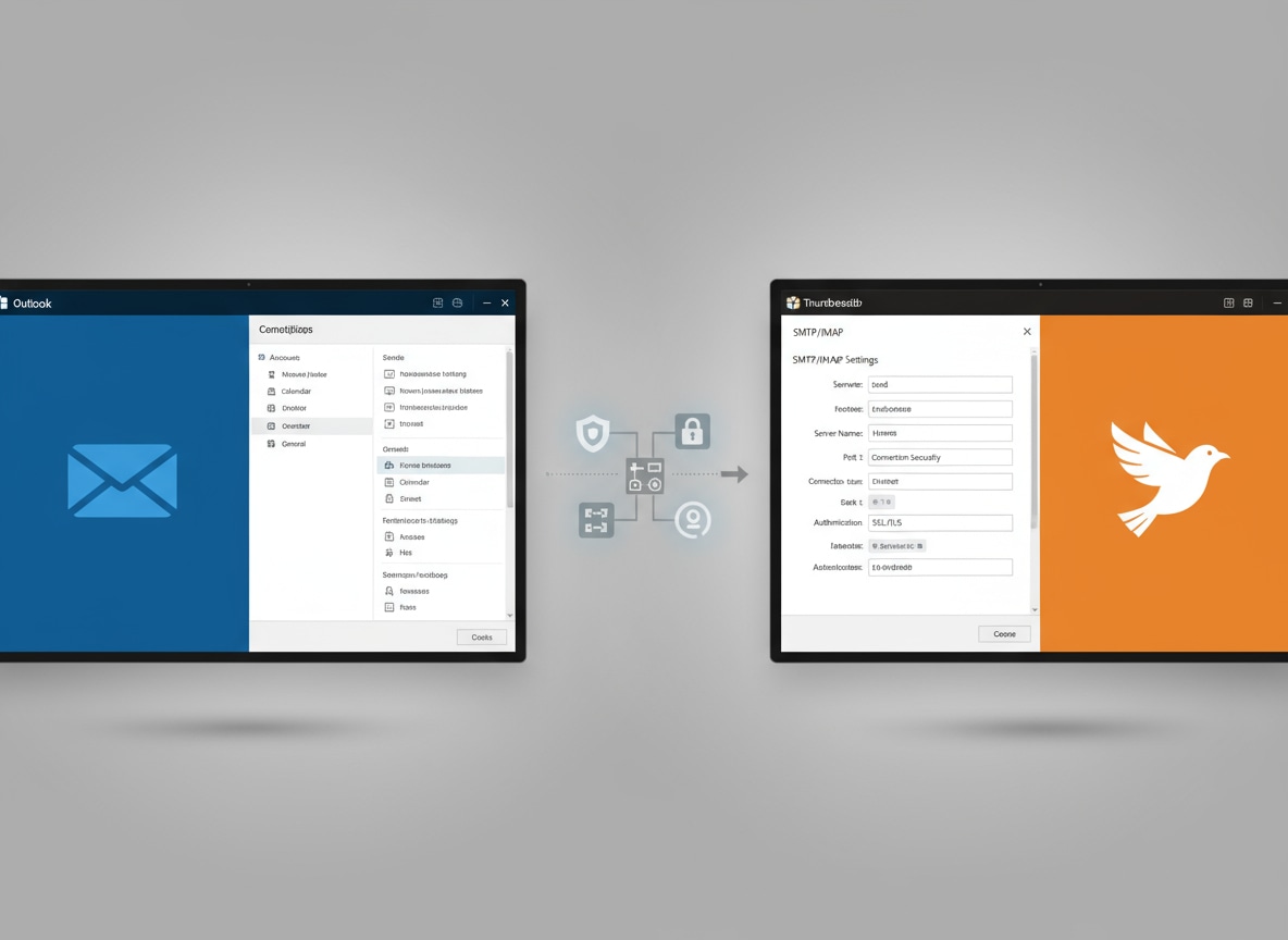 Comparaison interface Outlook et Thunderbird avec paramètres de configuration email SMTP IMAP
