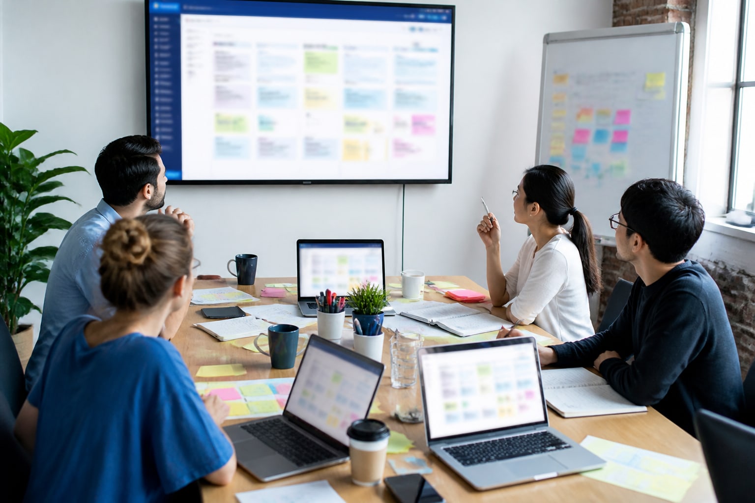 Planning d'équipe en ligne affiché sur un écran lors d'une réunion de PME