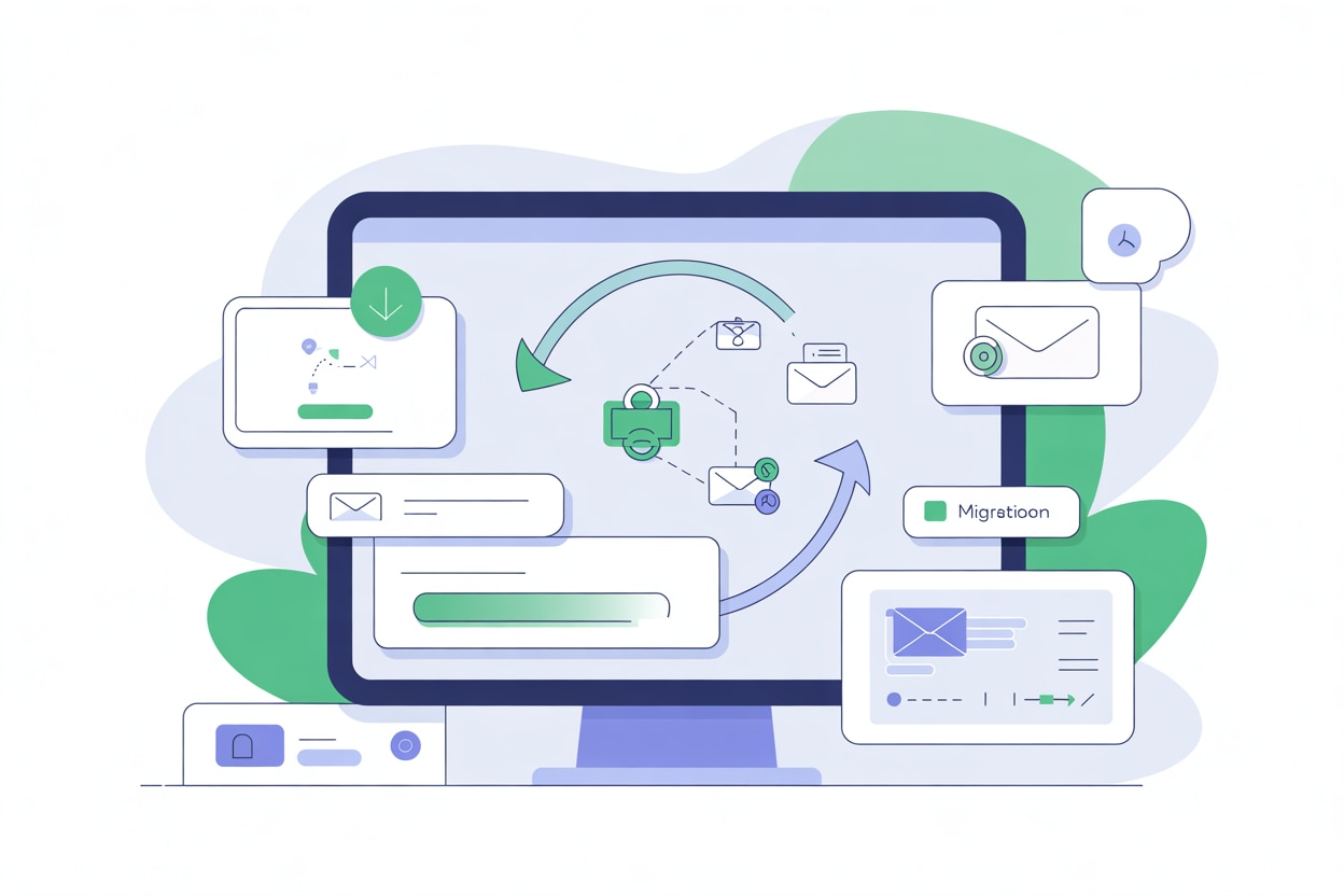 Interface technique de migration d'emails montrant le transfert de données d'un compte gratuit vers un compte professionnel