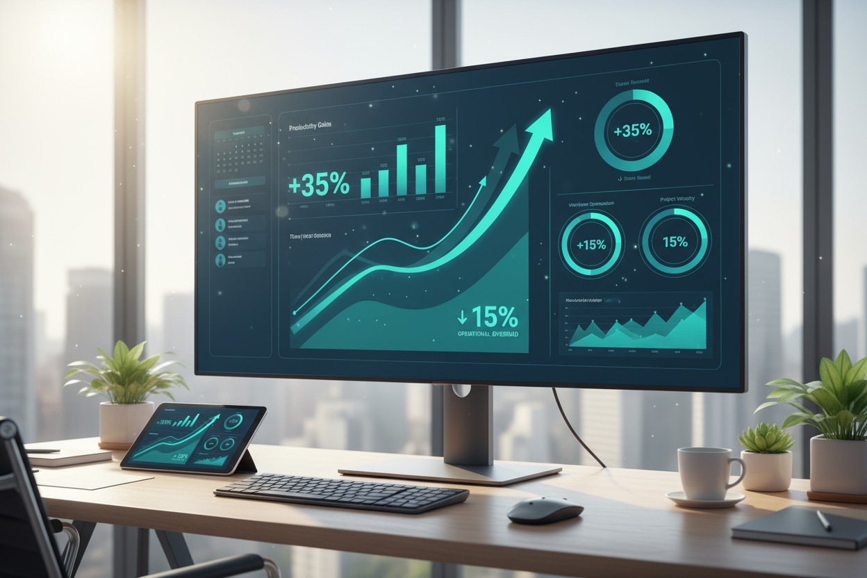 Dashboard professionnel montrant les gains de productivité avec calendriers et contacts synchronisés