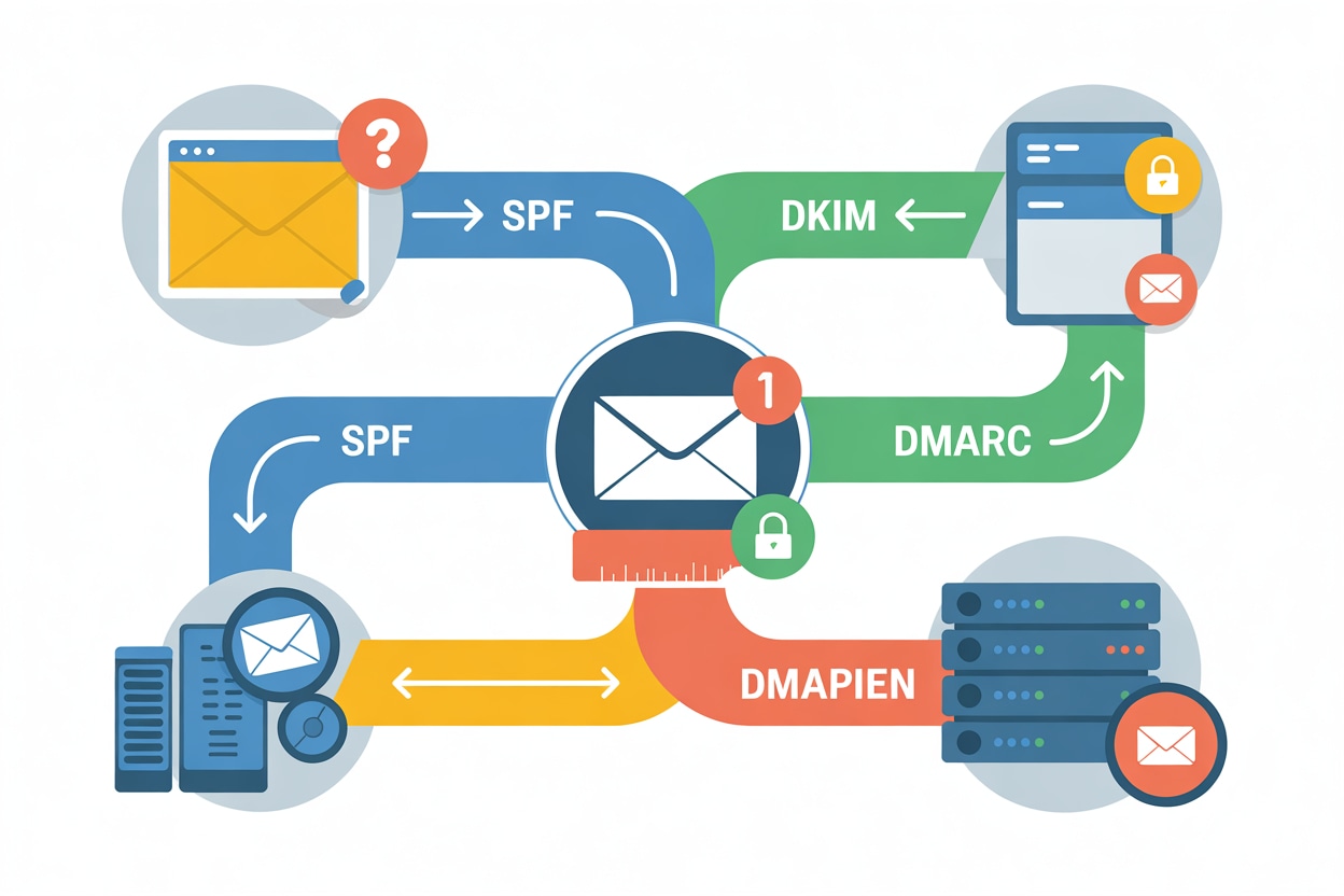 Schéma technique illustrant le parcours d'un email à travers les différents protocoles de sécurité et d'authentification