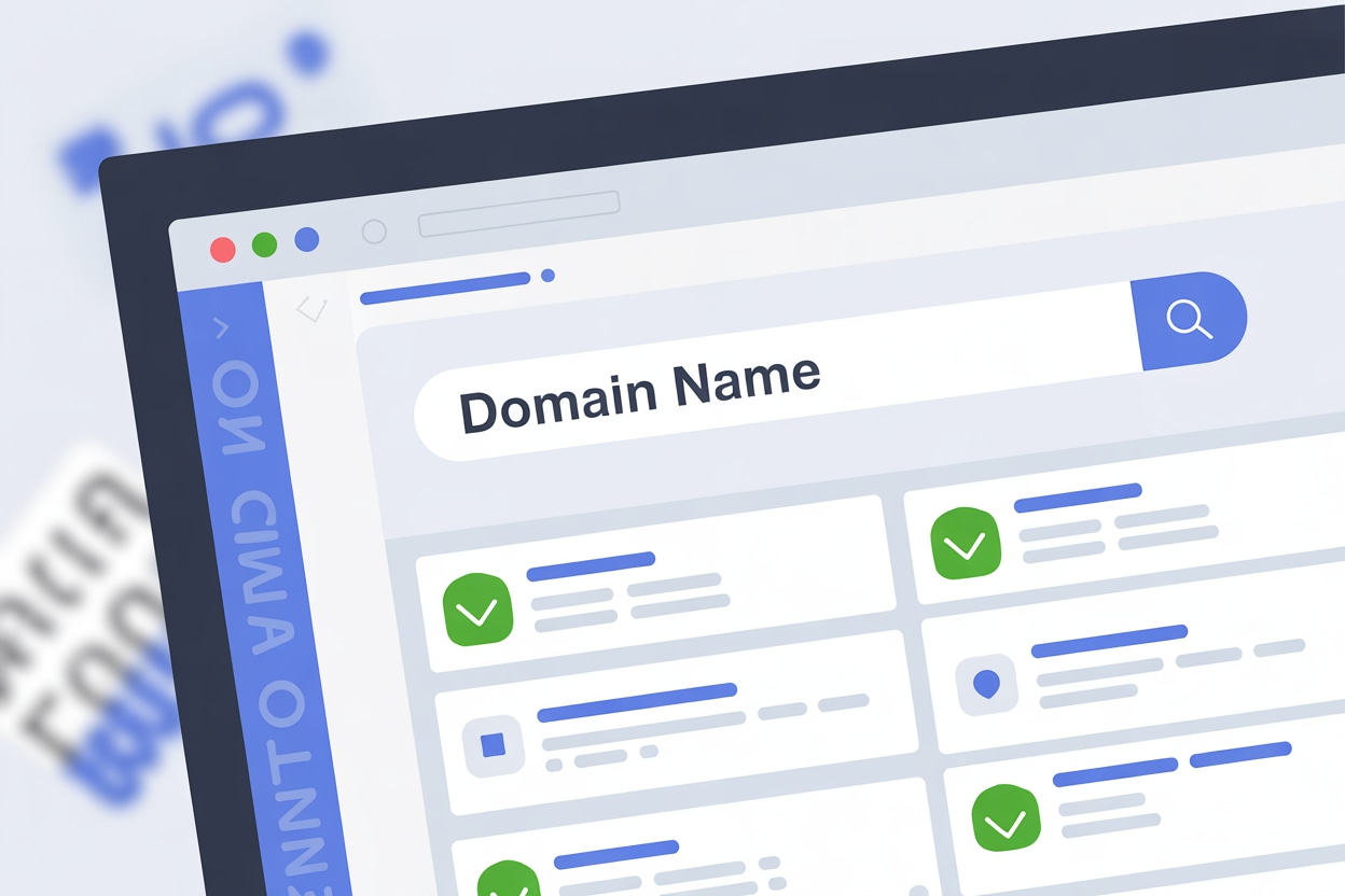 Écran d'ordinateur affichant une interface de recherche de noms de domaine avec des suggestions de noms disponibles