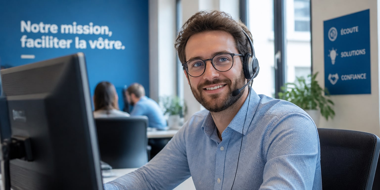 Conseiller d'un registrar français au téléphone assurant un support humain pour un nom de domaine fiable