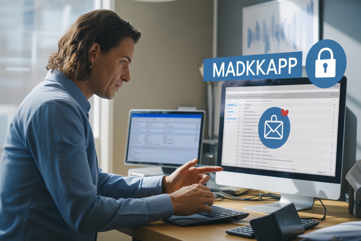 Professionnel travaillant sur la conformité RGPD des emails dans un bureau moderne