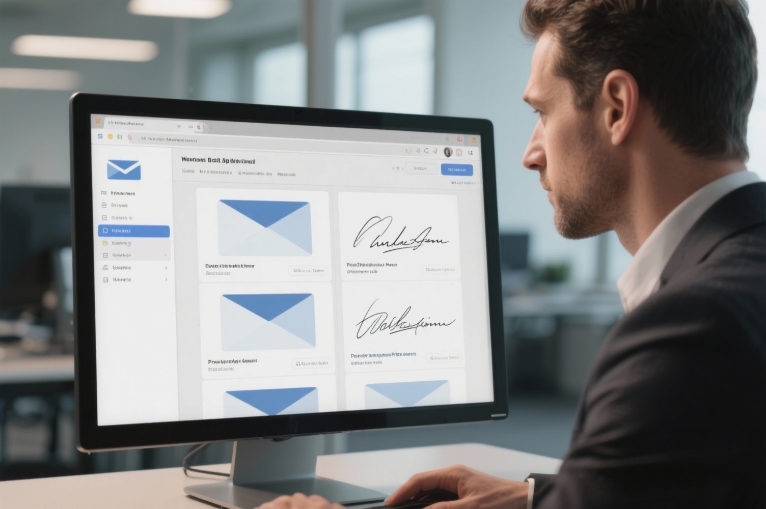 Professionnel consultant sa messagerie avec plusieurs signatures email affichées, montrant l'impact visuel d'une signature bien conçue