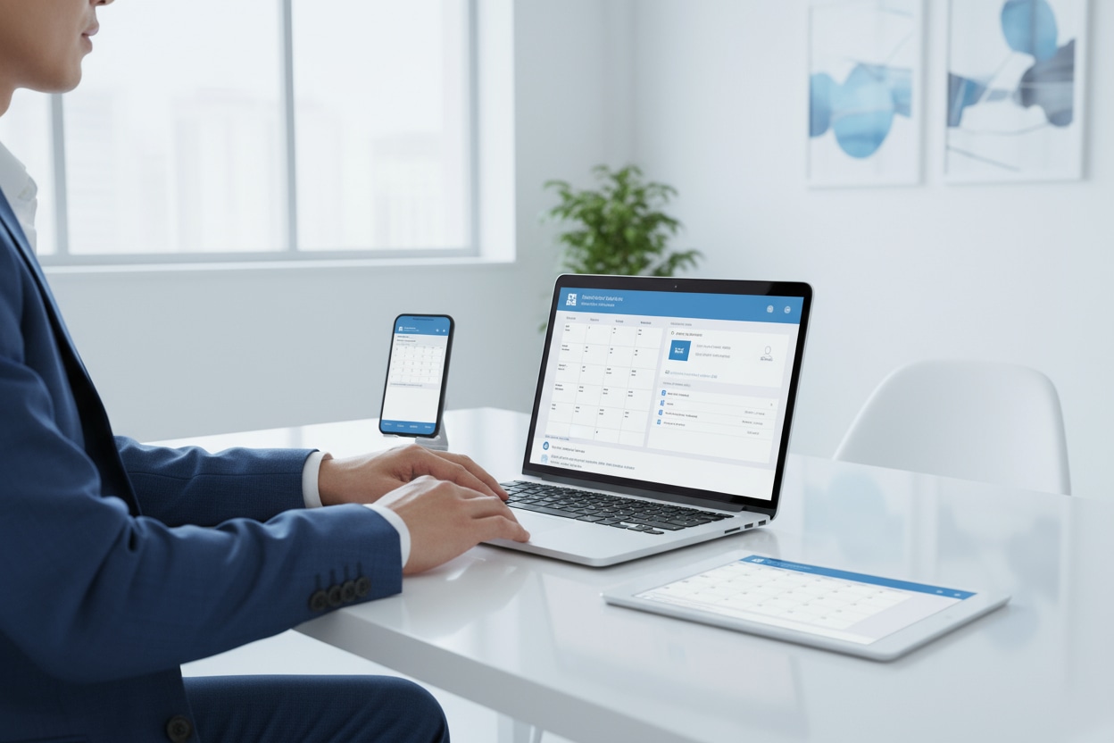 Professionnel utilisant une interface de messagerie synchronisée avec calendrier et contacts sur plusieurs appareils