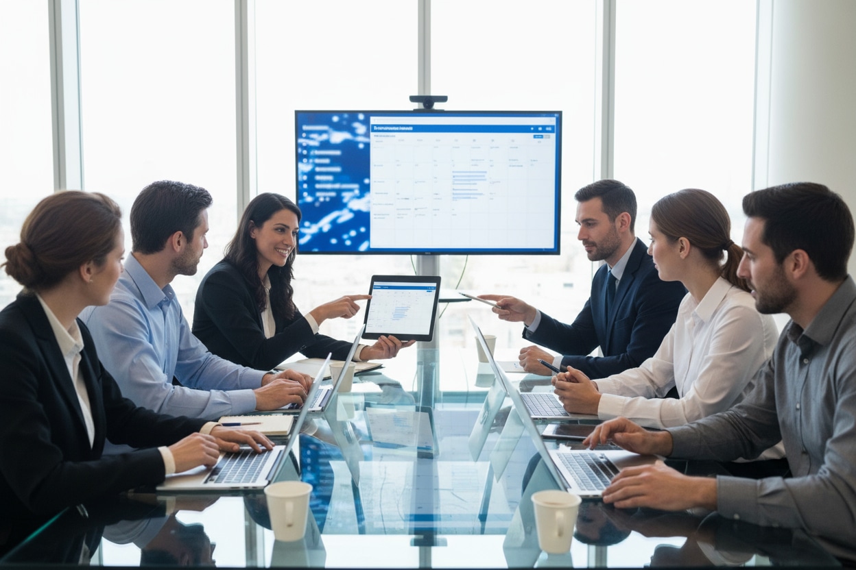 Équipe collaborative travaillant avec des calendriers et contacts partagés en temps réel